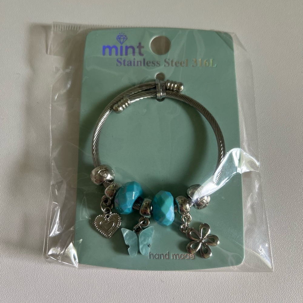 Mint Stainless Steel Silver Charm Bracelet with Turquoise Beads